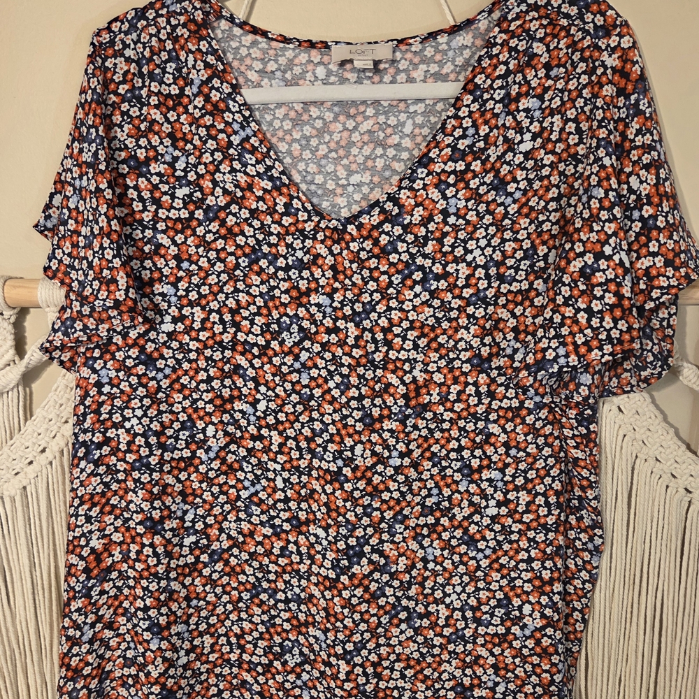 LOFT Navy Blue Floral V-Neck Blouse with Orange and White Flowers